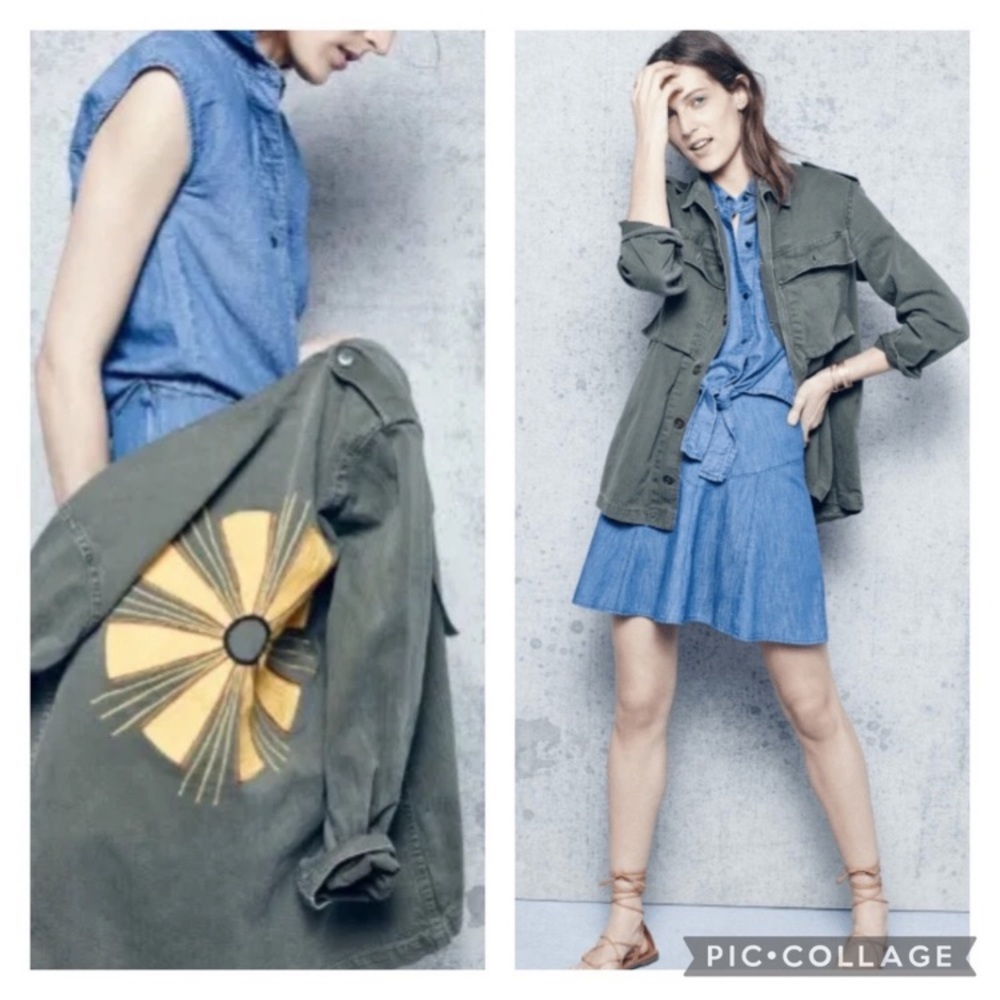 Madewell Olive Green Utility Jacket with Yellow Sunburst Patch